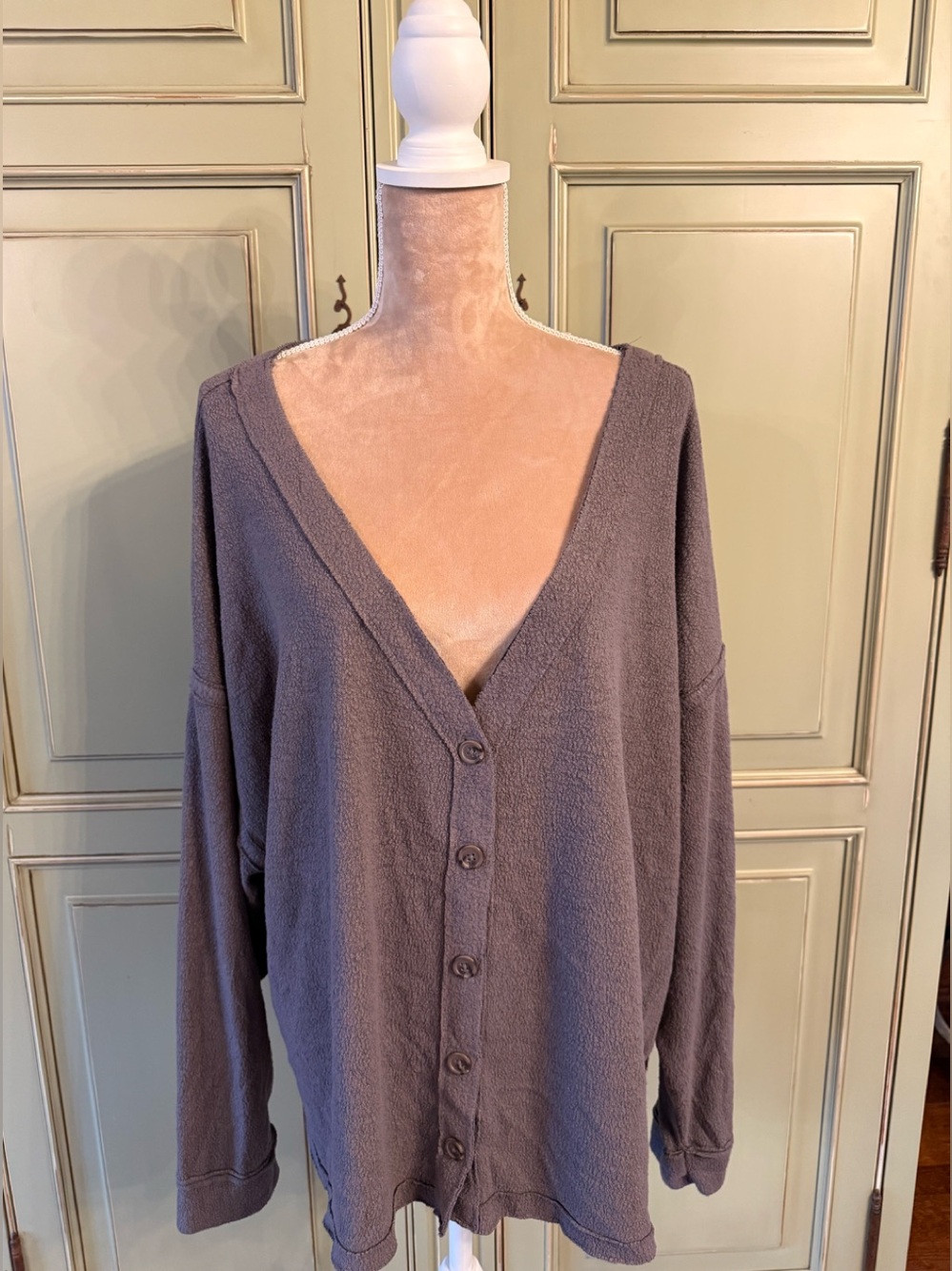 Urban Outfitters- Cozy V-Neck Button-Front Sweater Cardigan-Taupe